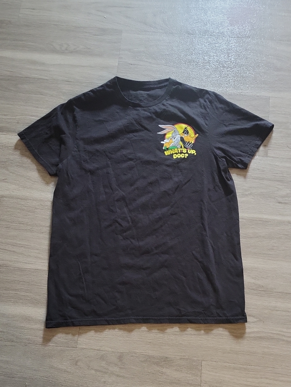 Black Graphic Tee with 'What's Up, Doc?' Cartoon Print